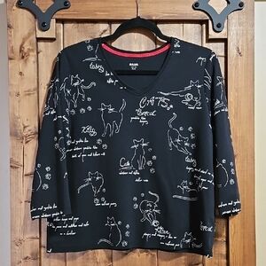 Alia Black White Cotton Blend Cat Shirt Size LP